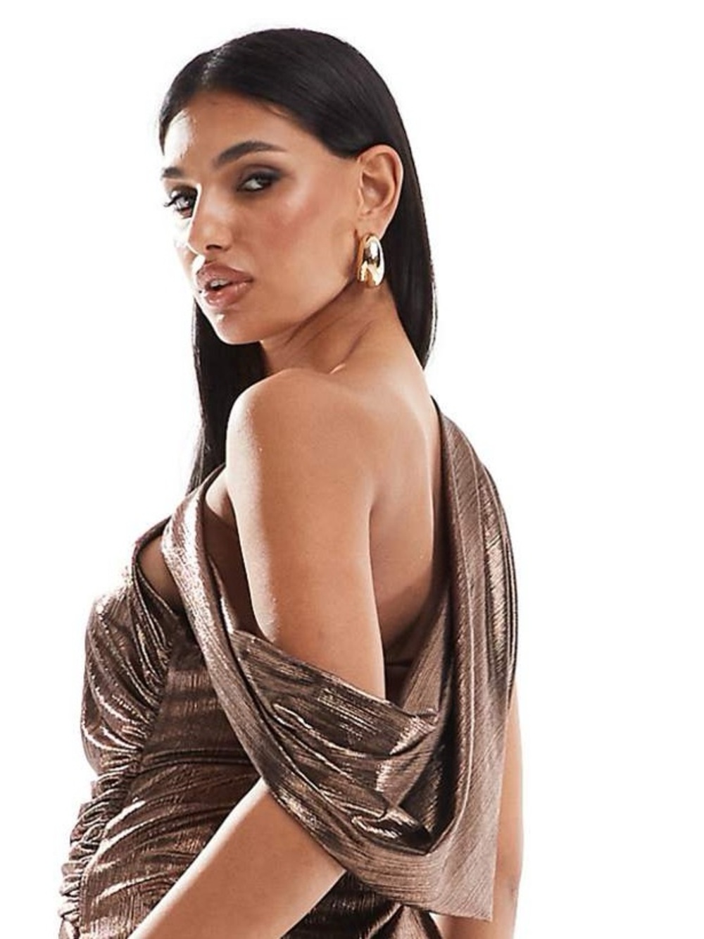 Halston Heritage Metallic Bronze Open-Back Draped Gown